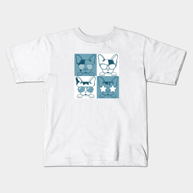 Frenchies with Glasses Blue Kids T-Shirt by LotusArtStudio